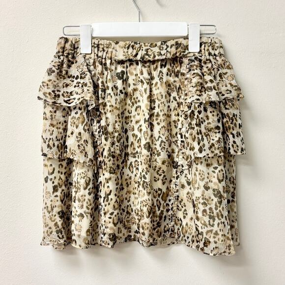 IRO Moody Leopard Print Silk High Rise Ruffled Mini Skirt Ecru Women's 38 / 6 - Picture 2 of 5